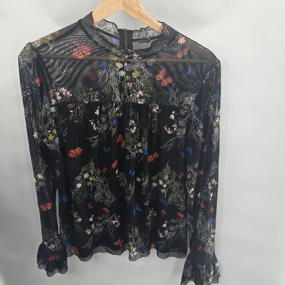 Worthington Black Floral Butterfly Mesh Overlay Zippered Back Blouse Petite L